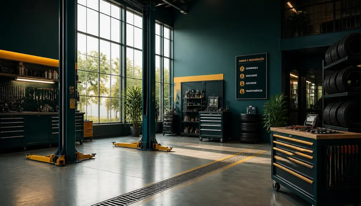 Interior organizado de uma oficina mecânica moderna